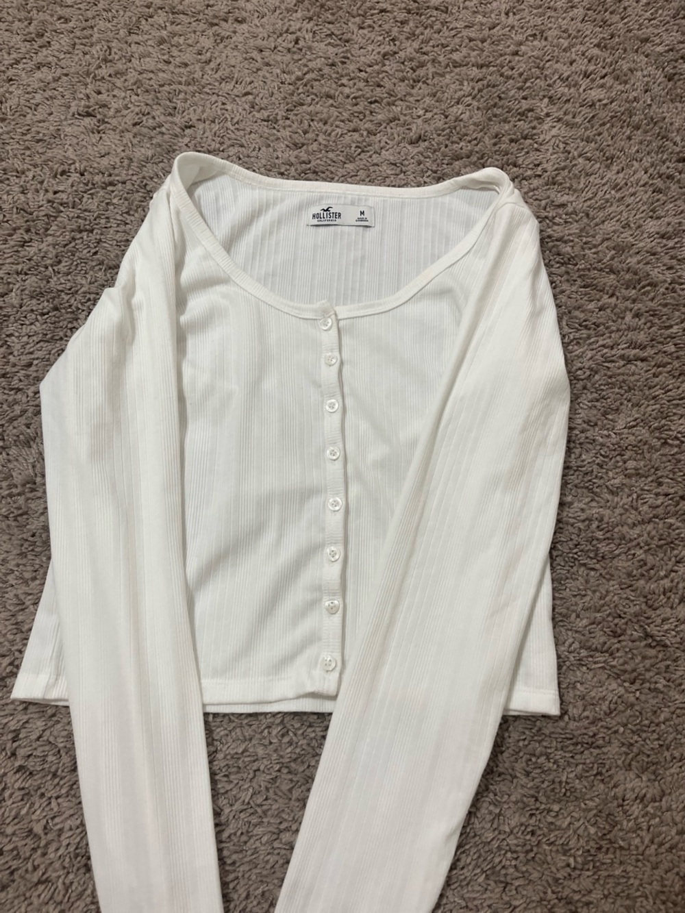 Hollister White Ribbed Button-Up Long Sleeve Tee